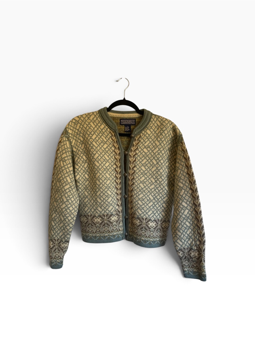 Vintage Nordic-Style Blue and Cream Button-Up Cardigan